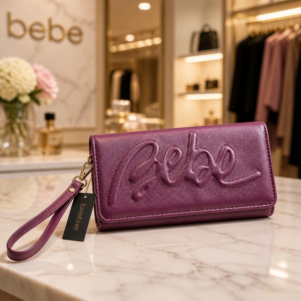 bebe Louisa Trifold Wallet in Plum with Logo Pattern, Credit Card Slots